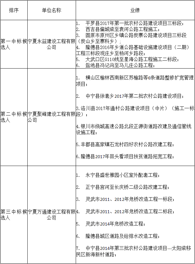 中標候選人在投標文件中填報的項目業(yè)績